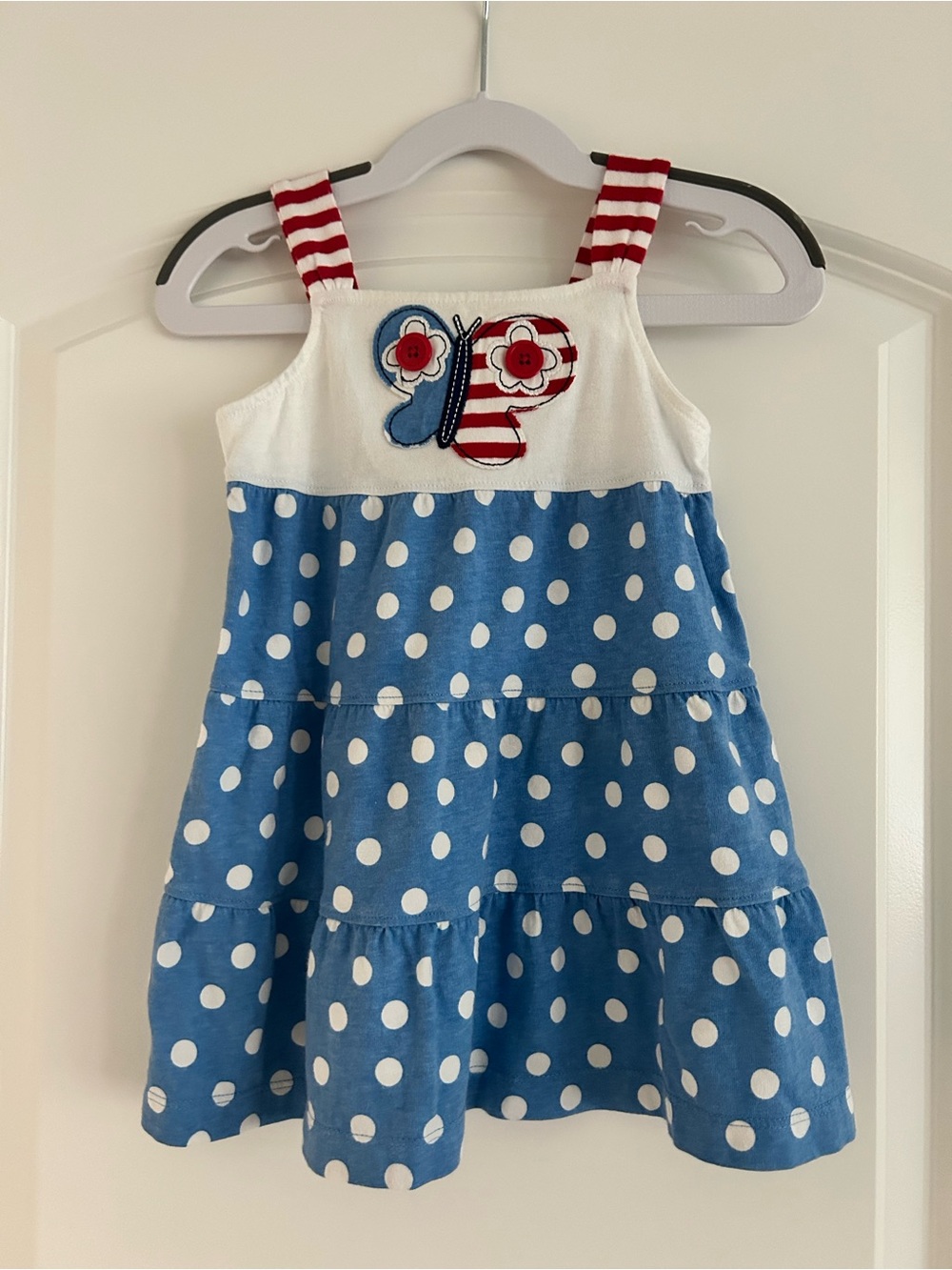Blue Polka Dot Dress with White Top and Red Striped Straps